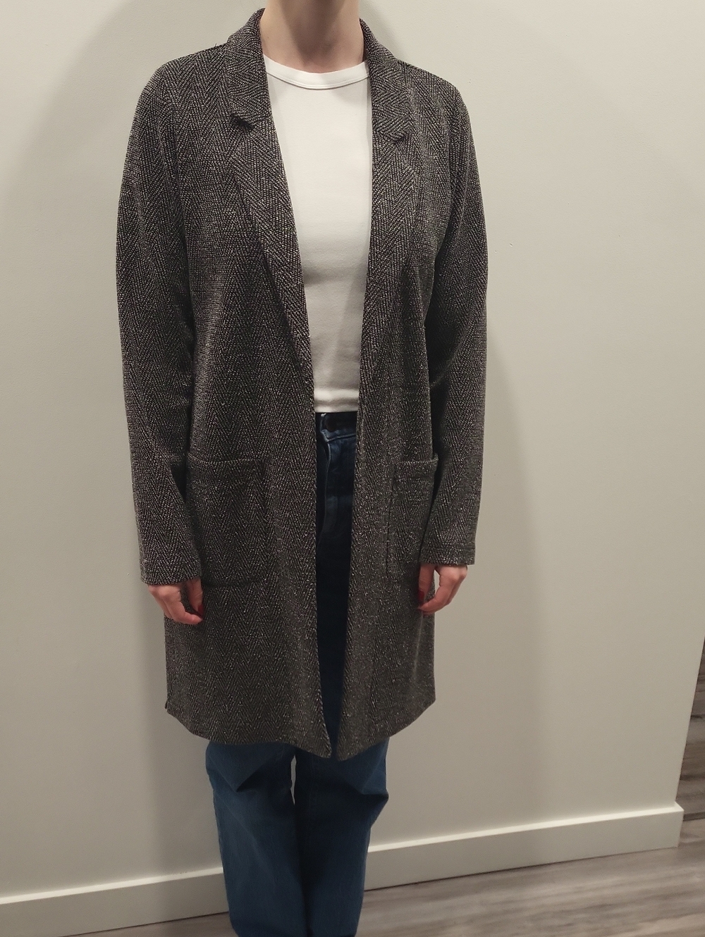 Long Open-Front Knit Cardigan Coatigan in Charcoal M